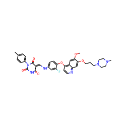 COc1cc2c(Oc3ccc(N/C=C4\C(=O)NC(=O)N(c5ccc(C)cc5)C4=O)cc3F)ccnc2cc1OCCCN1CCN(C)CC1 ZINC000150603830