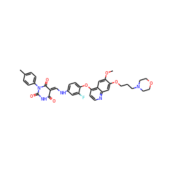 COc1cc2c(Oc3ccc(N/C=C4\C(=O)NC(=O)N(c5ccc(C)cc5)C4=O)cc3F)ccnc2cc1OCCCN1CCOCC1 ZINC000150603788