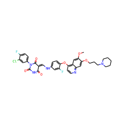 COc1cc2c(Oc3ccc(N/C=C4\C(=O)NC(=O)N(c5ccc(F)c(Cl)c5)C4=O)cc3F)ccnc2cc1OCCCN1CCCCC1 ZINC000150604233