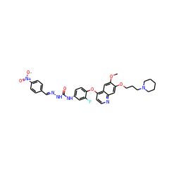COc1cc2c(Oc3ccc(NC(=O)N/N=C/c4ccc([N+](=O)[O-])cc4)cc3F)ccnc2cc1OCCCN1CCCCC1 ZINC000096283539