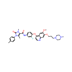 COc1cc2c(Oc3ccc(NC(=O)c4c(C)n(-c5ccc(C)cc5)c(=O)n4C)cc3F)ccnc2cc1OCCCN1CCN(C)CC1 ZINC000474609315