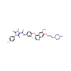 COc1cc2c(Oc3ccc(NC(=O)c4c(C)n(-c5ccc(Cl)cc5)c(=O)n4C)cc3F)ccnc2cc1OCCCN1CCN(C)CC1 ZINC000474609770