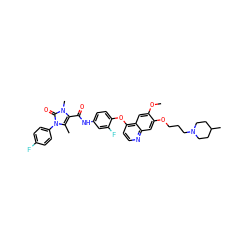 COc1cc2c(Oc3ccc(NC(=O)c4c(C)n(-c5ccc(F)cc5)c(=O)n4C)cc3F)ccnc2cc1OCCCN1CCC(C)CC1 ZINC000474610079
