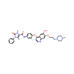 COc1cc2c(Oc3ccc(NC(=O)c4c(C)n(-c5ccccc5)c(=O)n4C)cc3F)ccnc2cc1OCCCN1CCN(C)CC1 ZINC000474604611