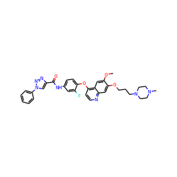 COc1cc2c(Oc3ccc(NC(=O)c4cn(-c5ccccc5)nn4)cc3F)ccnc2cc1OCCCN1CCN(C)CC1 ZINC000653915949