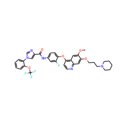 COc1cc2c(Oc3ccc(NC(=O)c4cn(-c5ccccc5OC(F)(F)F)cn4)cc3F)ccnc2cc1OCCCN1CCCCC1 ZINC001772624682