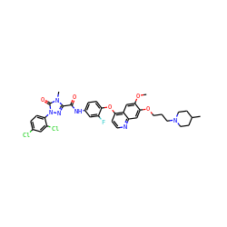 COc1cc2c(Oc3ccc(NC(=O)c4nn(-c5ccc(Cl)cc5Cl)c(=O)n4C)cc3F)ccnc2cc1OCCCN1CCC(C)CC1 ZINC001772655889