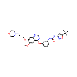 COc1cc2c(Oc3cccc(NC(=O)Nc4cc(C(C)(C)C)on4)c3)ncnc2cc1OCCCN1CCOCC1 ZINC000072179943