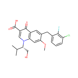COc1cc2c(cc1Cc1cccc(Cl)c1F)c(=O)c(C(=O)O)cn2[C@H](CO)C(C)C ZINC000013682481