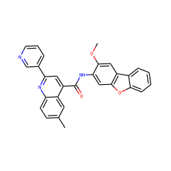 COc1cc2c(cc1NC(=O)c1cc(-c3cccnc3)nc3ccc(C)cc13)oc1ccccc12 ZINC000006456018