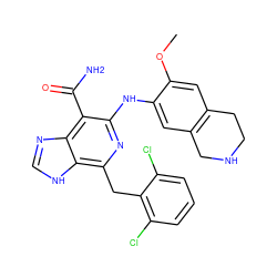 COc1cc2c(cc1Nc1nc(Cc3c(Cl)cccc3Cl)c3[nH]cnc3c1C(N)=O)CNCC2 ZINC000200870281