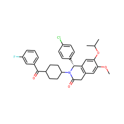 COc1cc2c(cc1OC(C)C)[C@@H](c1ccc(Cl)cc1)N(C1CCC(C(=O)c3cccc(F)c3)CC1)C(=O)C2 ZINC000169708308
