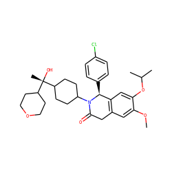 COc1cc2c(cc1OC(C)C)[C@H](c1ccc(Cl)cc1)N(C1CCC([C@@](C)(O)C3CCOCC3)CC1)C(=O)C2 ZINC000169708301
