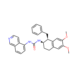 COc1cc2c(cc1OC)[C@H](Cc1ccccc1)[C@H](NC(=O)Nc1cccc3cnccc13)CC2 ZINC000028959266