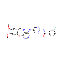 COc1cc2c(cc1OC)Oc1ncnc(Nc3cnc(NC(=O)c4cccc(F)c4)nc3)c1NC2 ZINC000028564602