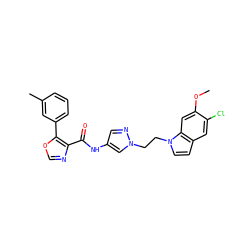 COc1cc2c(ccn2CCn2cc(NC(=O)c3ncoc3-c3cccc(C)c3)cn2)cc1Cl ZINC000201584942