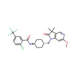 COc1cc2c(cn1)C(C)(C)C(=O)N2C[C@H]1CC[C@H](NC(=O)c2cc(C(F)(F)F)ccc2Cl)CC1 ZINC000653682388