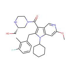 COc1cc2c(cn1)c(C(=O)N1CCN[C@@H](CO)C1)c(Cc1cccc(F)c1C)n2C1CCCCC1 ZINC000072182615