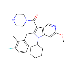 COc1cc2c(cn1)c(C(=O)N1CCNCC1)c(Cc1cccc(F)c1C)n2C1CCCCC1 ZINC000072180192