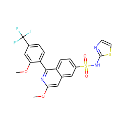 COc1cc2cc(S(=O)(=O)Nc3nccs3)ccc2c(-c2ccc(C(F)(F)F)cc2OC)n1 ZINC000215503755