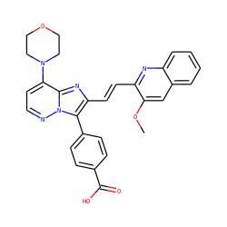 COc1cc2ccccc2nc1/C=C/c1nc2c(N3CCOCC3)ccnn2c1-c1ccc(C(=O)O)cc1 ZINC001772600454