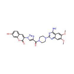 COc1cc2nc(N3CCN(C(=O)c4cn(-c5cc6ccc(O)cc6oc5=O)nn4)CC3)nc(N)c2cc1OC ZINC000199430224