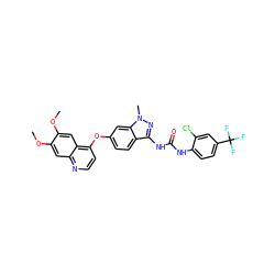 COc1cc2nccc(Oc3ccc4c(NC(=O)Nc5ccc(C(F)(F)F)cc5Cl)nn(C)c4c3)c2cc1OC ZINC000044351196