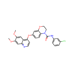 COc1cc2nccc(Oc3ccc4c(c3)OCCN4C(=O)Nc3cccc(Cl)c3)c2cc1OC ZINC000029134419