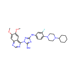 COc1cc2ncnc(-n3nc(Nc4ccc(N5CCN(C6CCCCC6)CC5)c(F)c4)nc3N)c2cc1OC ZINC000168839485
