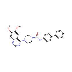 COc1cc2ncnc(N3CCN(C(=O)Nc4ccc(-c5ccccc5)cc4)CC3)c2cc1OC ZINC000013474781