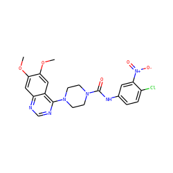 COc1cc2ncnc(N3CCN(C(=O)Nc4ccc(Cl)c([N+](=O)[O-])c4)CC3)c2cc1OC ZINC000013474795