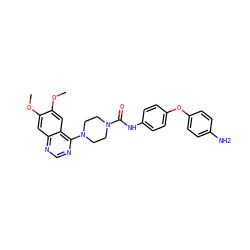 COc1cc2ncnc(N3CCN(C(=O)Nc4ccc(Oc5ccc(N)cc5)cc4)CC3)c2cc1OC ZINC000013474801