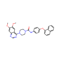 COc1cc2ncnc(N3CCN(C(=O)Nc4ccc(Oc5cccc6ccccc56)cc4)CC3)c2cc1OC ZINC000026820418