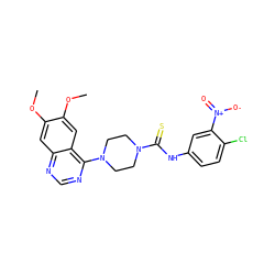 COc1cc2ncnc(N3CCN(C(=S)Nc4ccc(Cl)c([N+](=O)[O-])c4)CC3)c2cc1OC ZINC000013474823