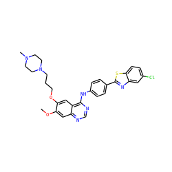 COc1cc2ncnc(Nc3ccc(-c4nc5cc(Cl)ccc5s4)cc3)c2cc1OCCCN1CCN(C)CC1 ZINC000049756459
