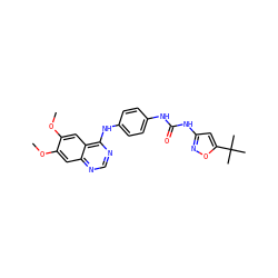 COc1cc2ncnc(Nc3ccc(NC(=O)Nc4cc(C(C)(C)C)on4)cc3)c2cc1OC ZINC000038310185