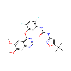COc1cc2ncnc(Oc3cc(NC(=O)Nc4cc(C(C)(C)C)on4)c(F)cc3F)c2cc1OC ZINC000072180938