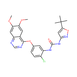 COc1cc2ncnc(Oc3ccc(Cl)c(NC(=O)Nc4cc(C(C)(C)C)on4)c3)c2cc1OC ZINC000072184152