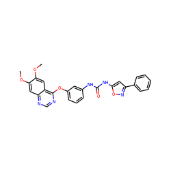 COc1cc2ncnc(Oc3cccc(NC(=O)Nc4cc(-c5ccccc5)no4)c3)c2cc1OC ZINC000084655468