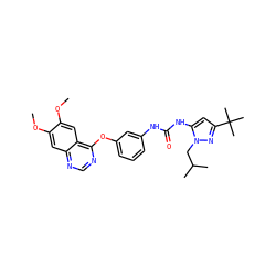 COc1cc2ncnc(Oc3cccc(NC(=O)Nc4cc(C(C)(C)C)nn4CC(C)C)c3)c2cc1OC ZINC000084653768