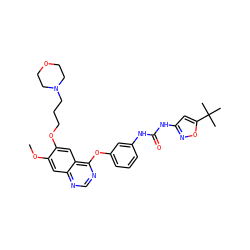 COc1cc2ncnc(Oc3cccc(NC(=O)Nc4cc(C(C)(C)C)on4)c3)c2cc1OCCCN1CCOCC1 ZINC000072181292