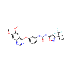 COc1cc2ncnc(Oc3cccc(NC(=O)Nc4cc(C5(C(F)(F)F)CCC5)no4)c3)c2cc1OC ZINC000084758511