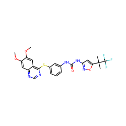 COc1cc2ncnc(Sc3cccc(NC(=O)Nc4cc(C(C)(C)C(F)(F)F)on4)c3)c2cc1OC ZINC000084670608