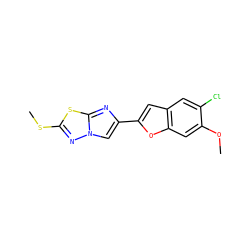 COc1cc2oc(-c3cn4nc(SC)sc4n3)cc2cc1Cl ZINC000205914048