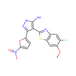COc1cc2sc(-c3c(-c4ccc([N+](=O)[O-])o4)n[nH]c3N)nc2cc1F ZINC000114398494