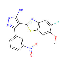 COc1cc2sc(-c3c(-c4cccc([N+](=O)[O-])c4)n[nH]c3N)nc2cc1F ZINC000114397918