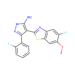 COc1cc2sc(-c3c(-c4ccccc4F)n[nH]c3N)nc2cc1F ZINC000114397894