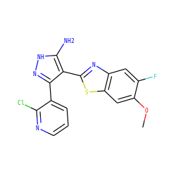 COc1cc2sc(-c3c(-c4cccnc4Cl)n[nH]c3N)nc2cc1F ZINC000114400276