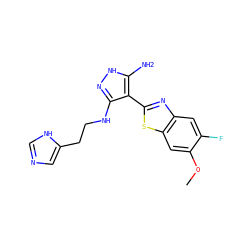 COc1cc2sc(-c3c(NCCc4cnc[nH]4)n[nH]c3N)nc2cc1F ZINC000114379366
