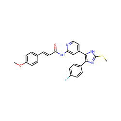 COc1ccc(/C=C/C(=O)Nc2cc(-c3[nH]c(SC)nc3-c3ccc(F)cc3)ccn2)cc1 ZINC000064539285